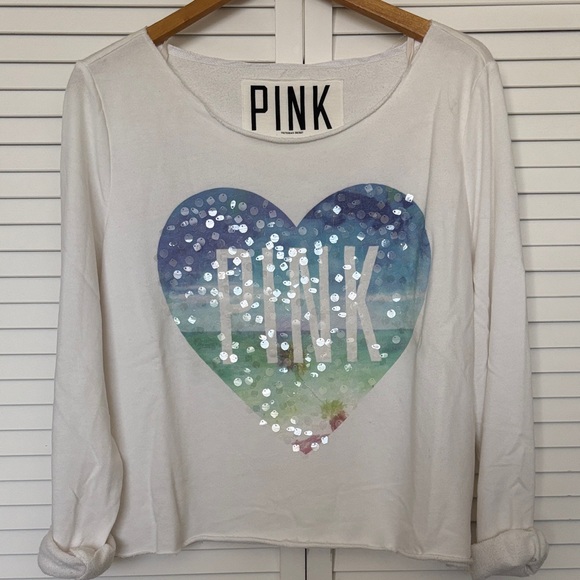 PINK Victoria's Secret White Sweatshirt with Multicolor Heart - Picture 1 of 3